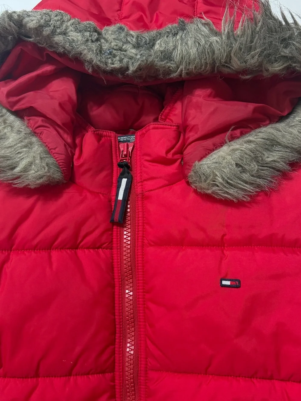 Tommy Hilfiger Kids Red Hooded Puffer Jacket with Faux Fur Trim